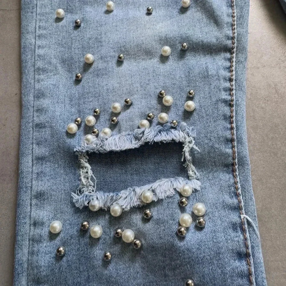 Runway Paris Vintage Style Pearl Embellished Skinny Jeans Sz L (Fits US 10/12) - Picture 10 of 12
